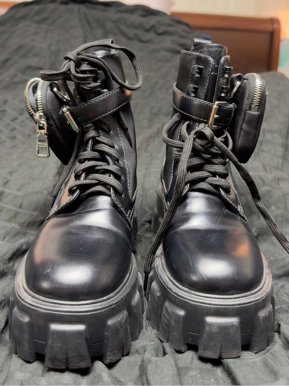 Women’s Prada Monolith Black Brushed Leather & Re-Nylon Combat Boots w/ Pouch